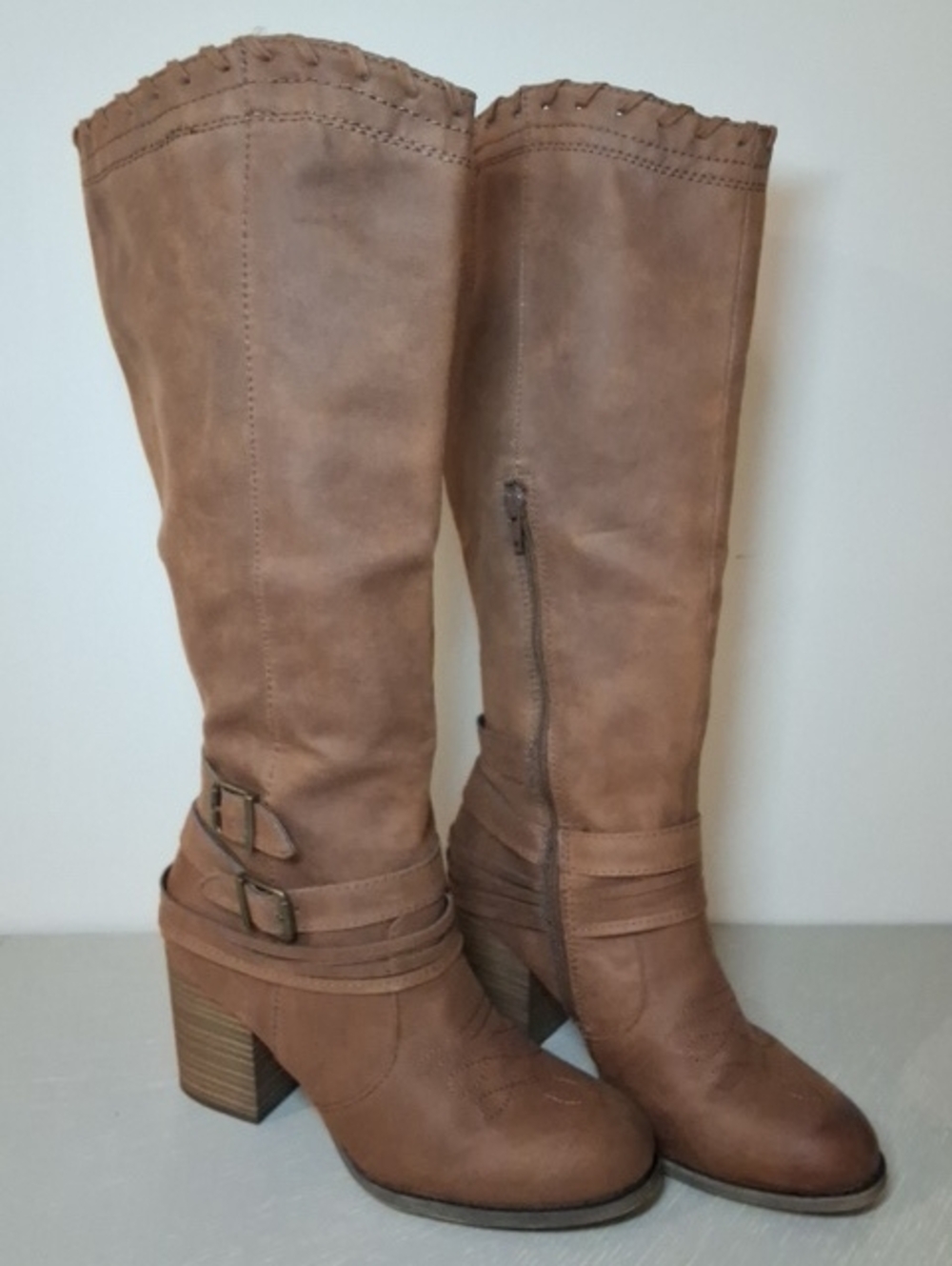 Jellypop Chelsea Knee High Boots Brown Cognac Western Boho Size 9.5 Block Heel